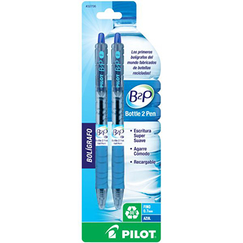 Bolígrafo retráctil Bottle to Pen Ball Point (B2P BP), tinta base aceite color azul, punto fino (0.7 mm.), blíster con 2 piezas